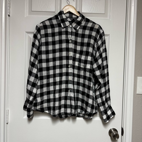 Karen Kane Black and White Check Cuffed Sleeve Button Down Shirt Size M Linen - Picture 2 of 13